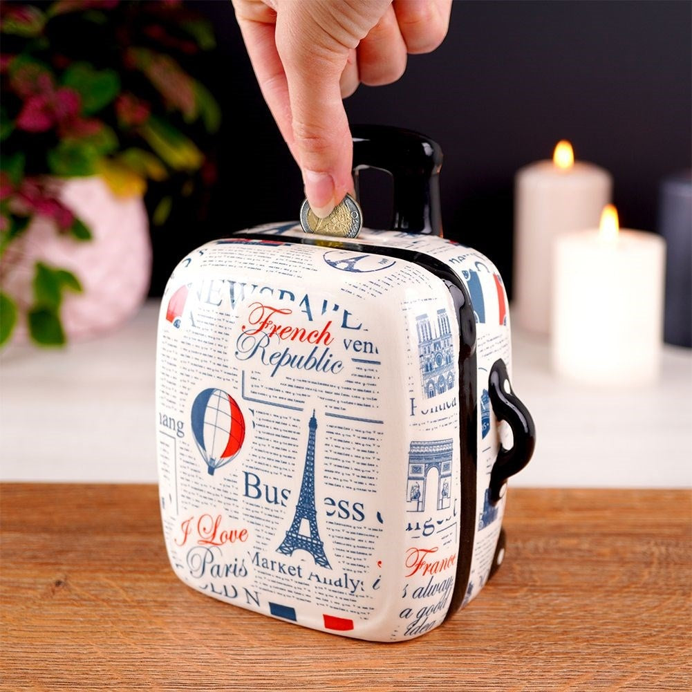 Suitcase shaped piggy bank: Ceramic, White, Paris decorations