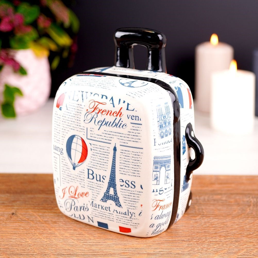 Suitcase shaped piggy bank: Ceramic, White, Paris decorations