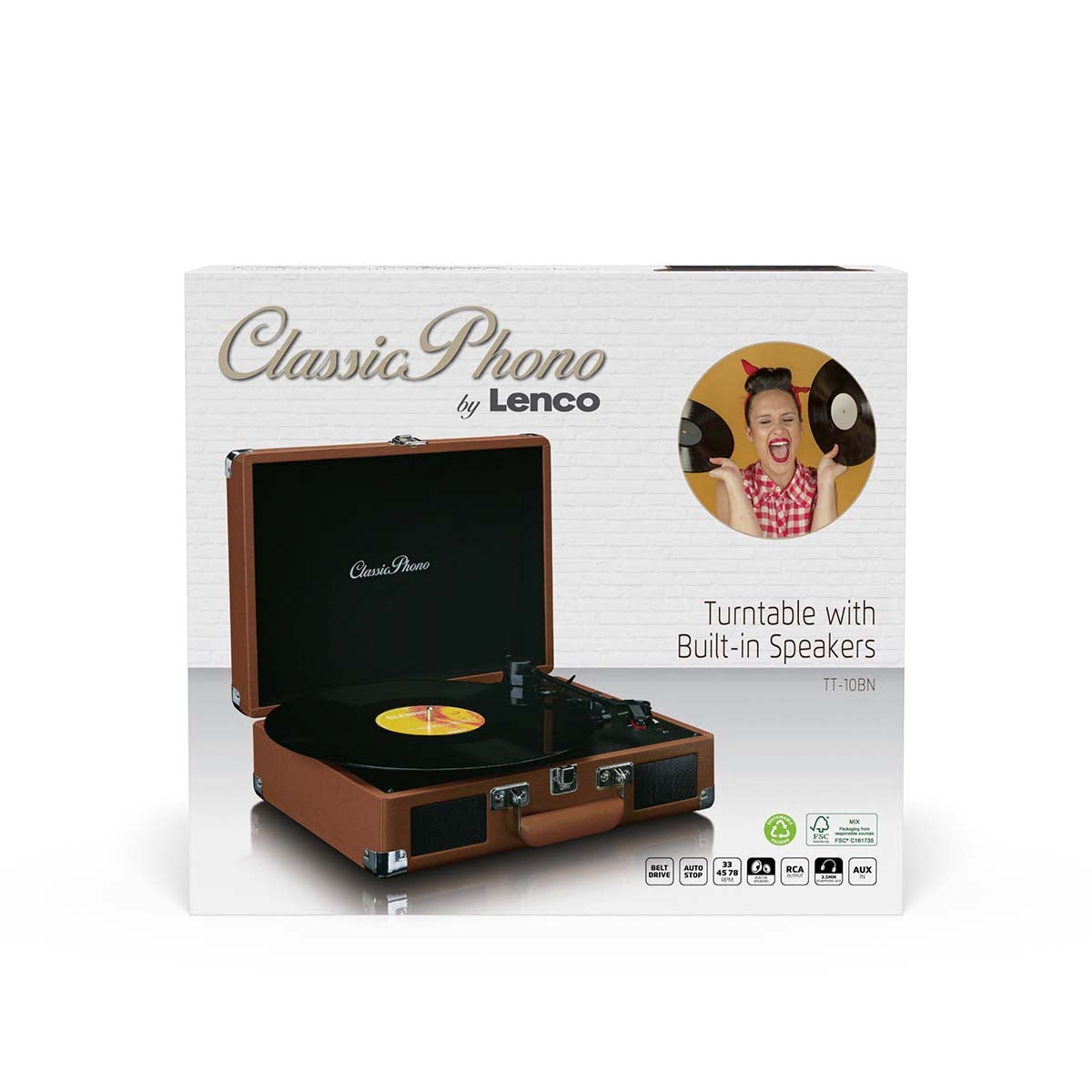 Suitcase turntable with 2 built-in speakers Brown