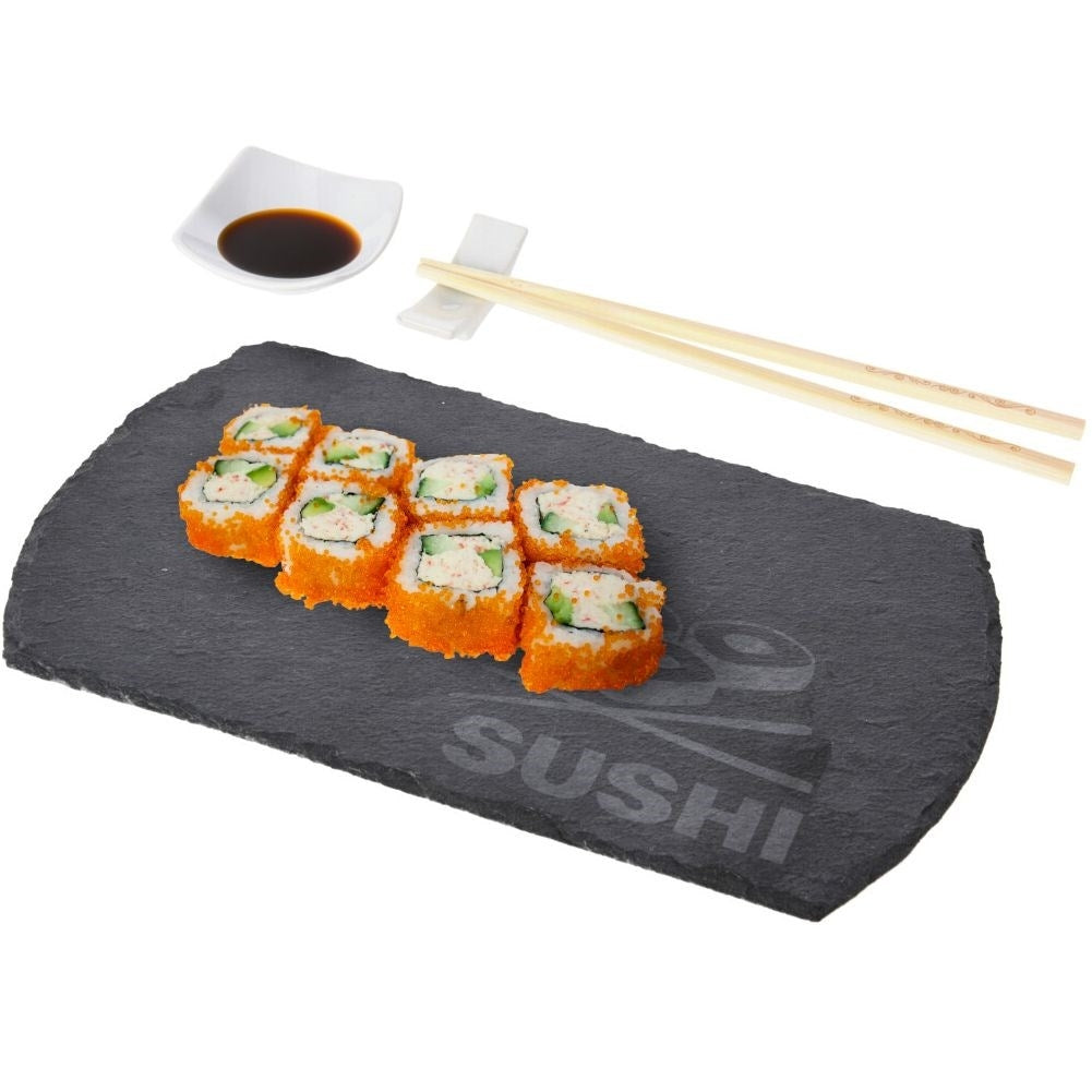 Sushi set with stone plate, bowl and chopsticks