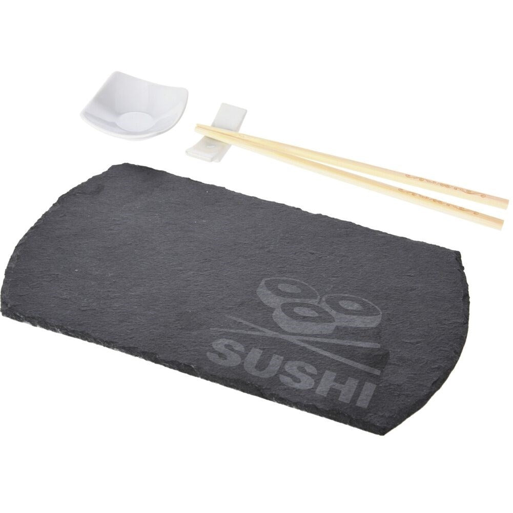 Sushi set with stone plate, bowl and chopsticks
