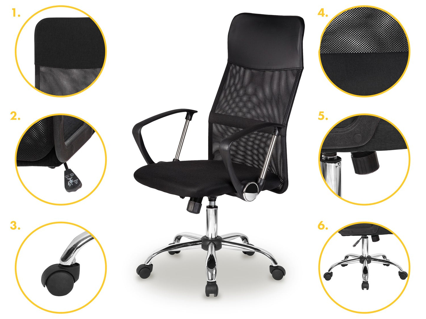 Swivel office chair, chrome legs, high backrest, black