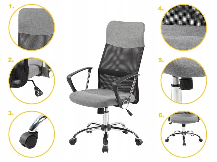 Swivel office chair, chrome legs, high backrest, gray