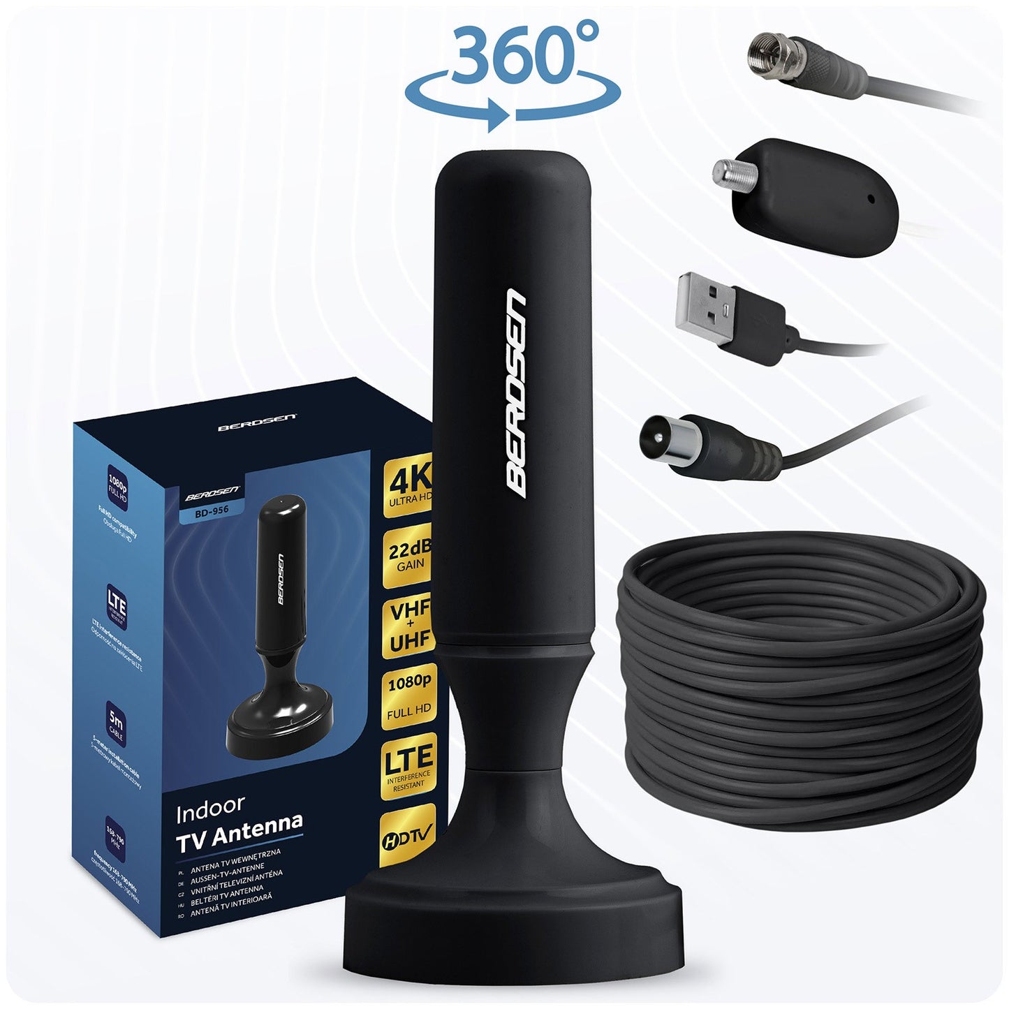TV Antenna 360° Ultra HD 4K, Indoor, Black