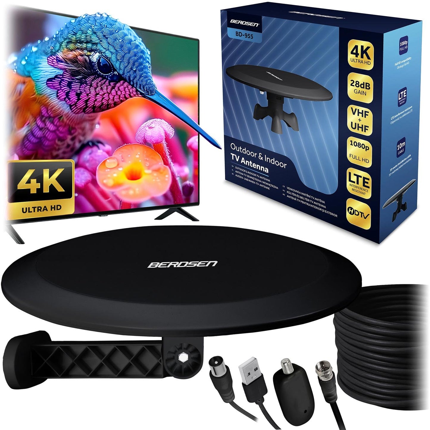 TV Antenna, Indoor/Outdoor, Ultra HD 4K, Black