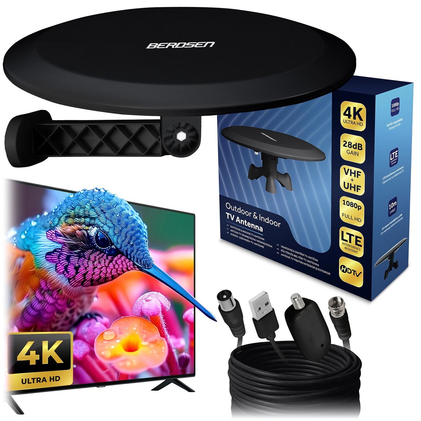 TV Antenna, Indoor/Outdoor, Ultra HD 4K, Black