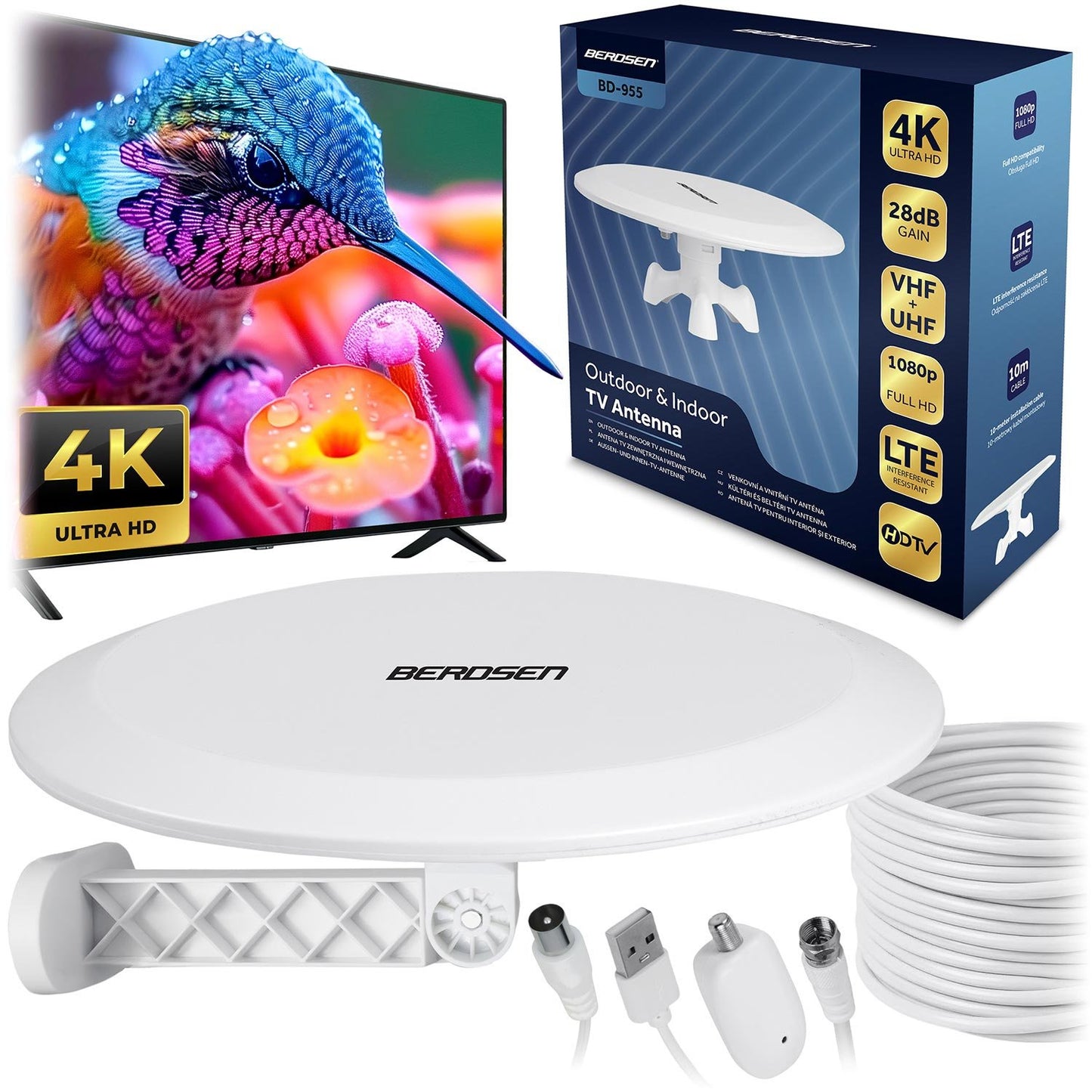 TV Antenna, Indoor/Outdoor, Ultra HD 4K, White