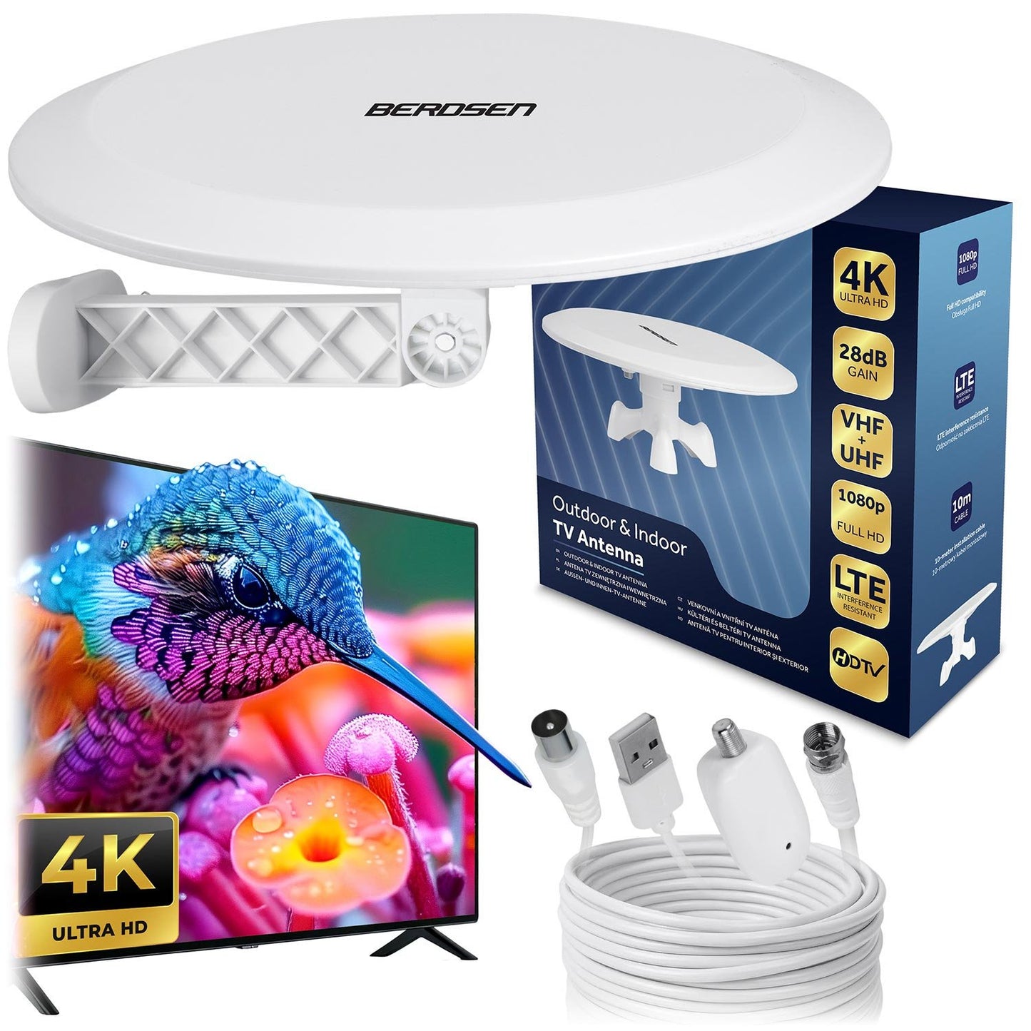 TV Antenna, Indoor/Outdoor, Ultra HD 4K, White