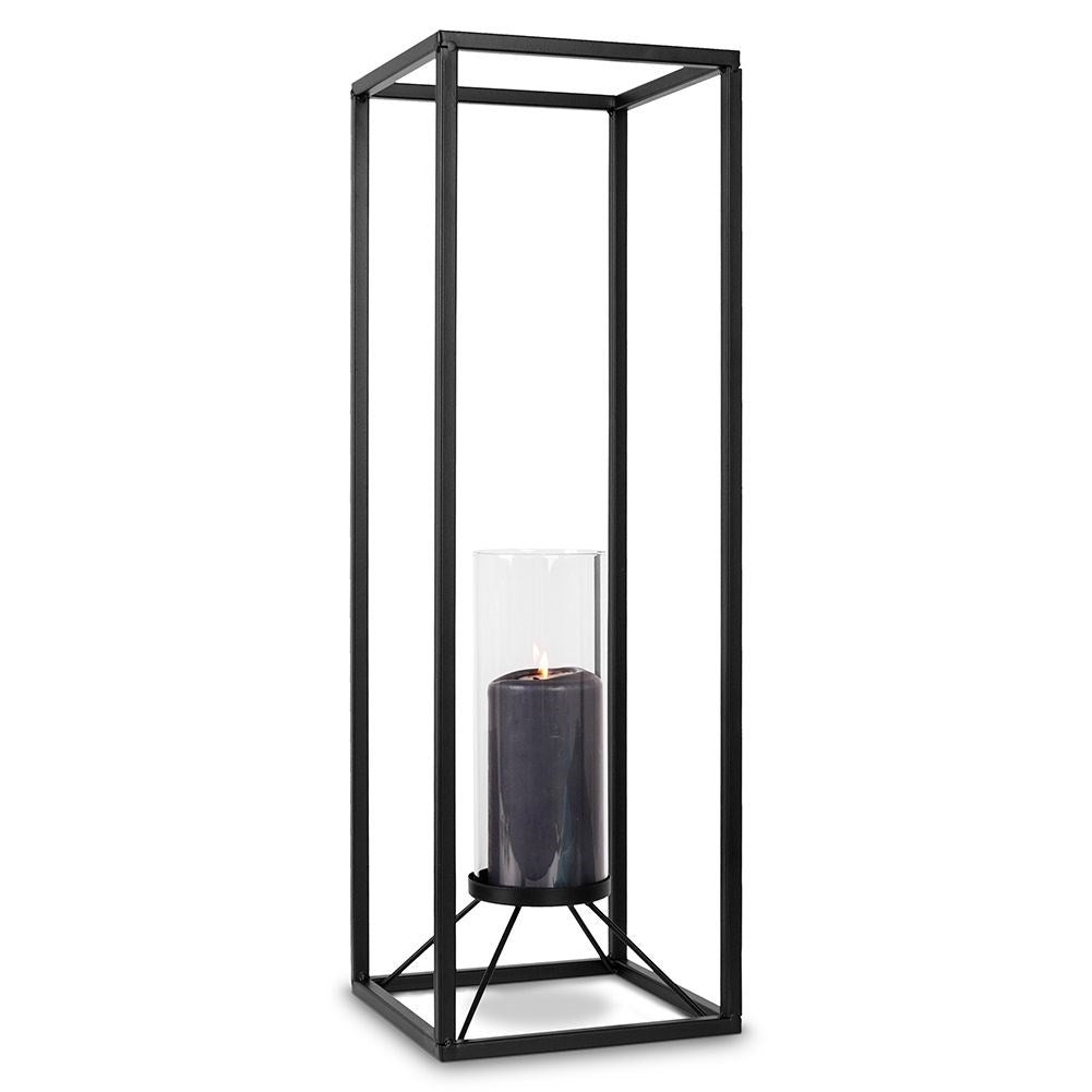 Tall candlestick in black metal with glass container
