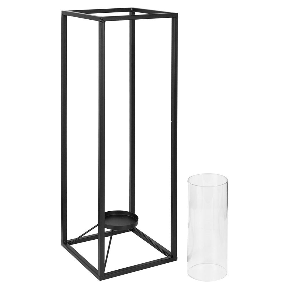 Tall candlestick in black metal with glass container