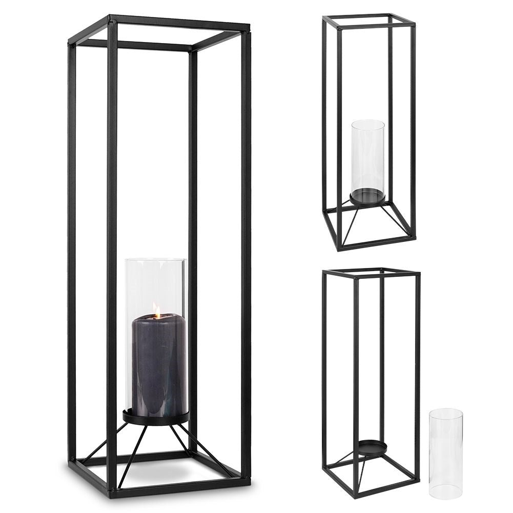 Tall candlestick in black metal with glass container