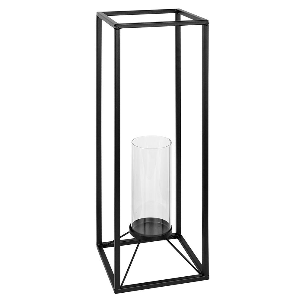 Tall candlestick in black metal with glass container