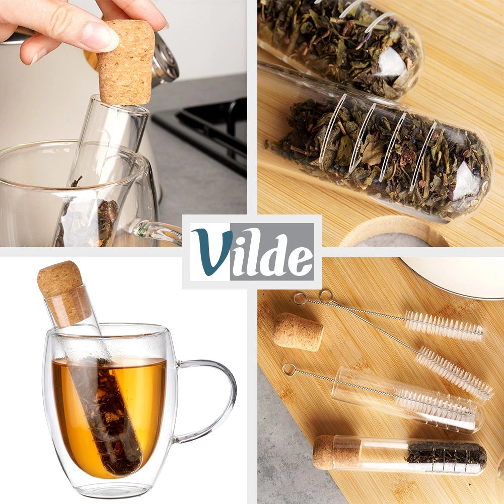 Tea Infuser Set, Glass Vial with Cork, 3 Strainers
