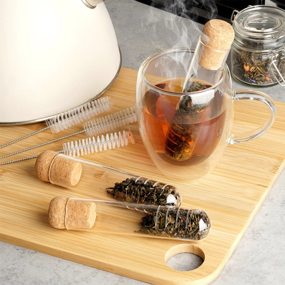 Tea Infuser Set, Glass Vial with Cork, 3 Strainers