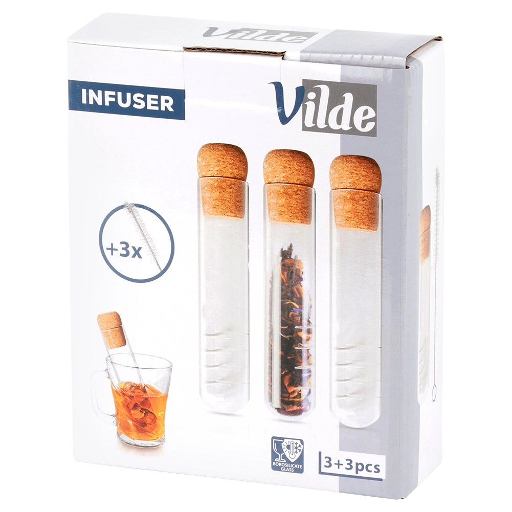 Tea Infuser Set, Glass Vial with Cork, 3 Strainers