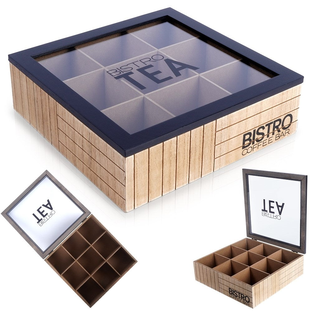 Tea bag storage with 9 compartments and lid for fresher tea