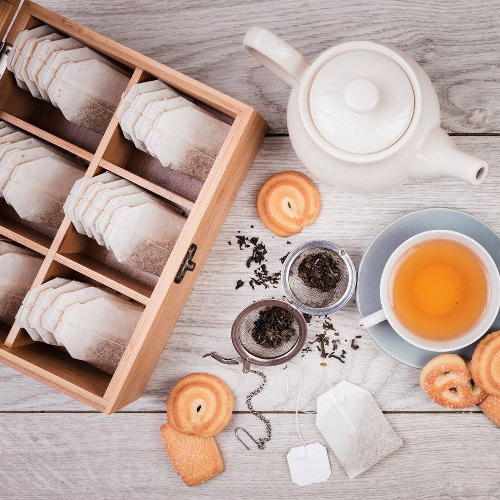 Tea storage box with 6 compartments and elegant lid