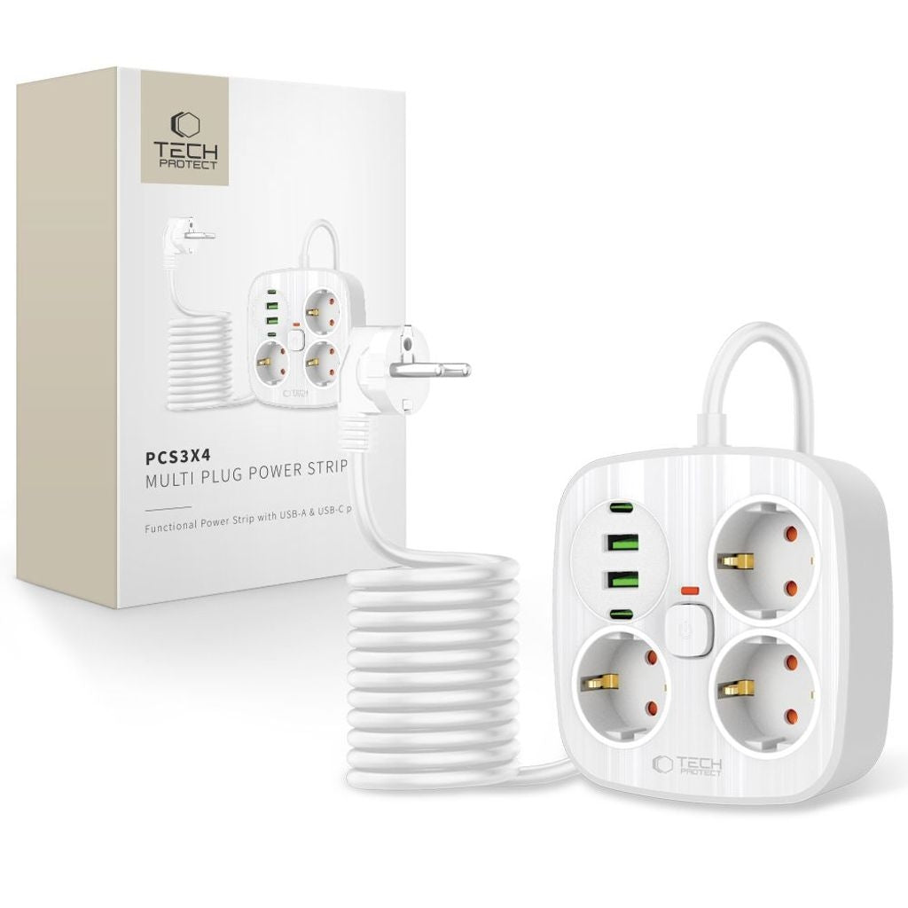 Tech-Protect 3x4 grenuttag, 3 uttag, 2 USB-A, 2 USB-C 200 cm – vit