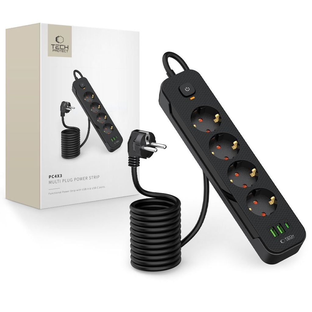 Tech-Protect Power Strip with 4 Sockets 240V, 2 USB-A, 1 USB-C - Black