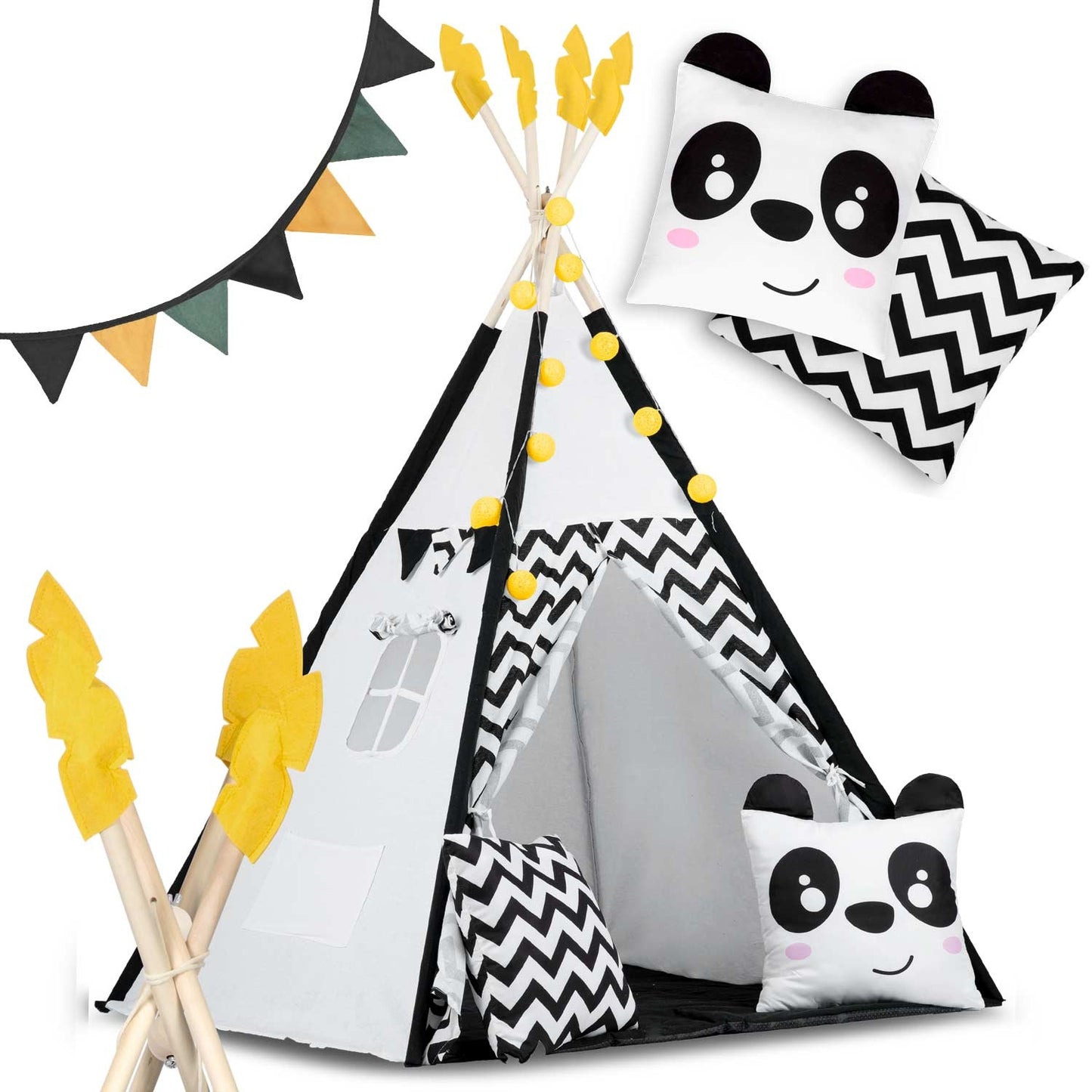 Teepee tent for children with garland and lights Nukido, black and white with a panda