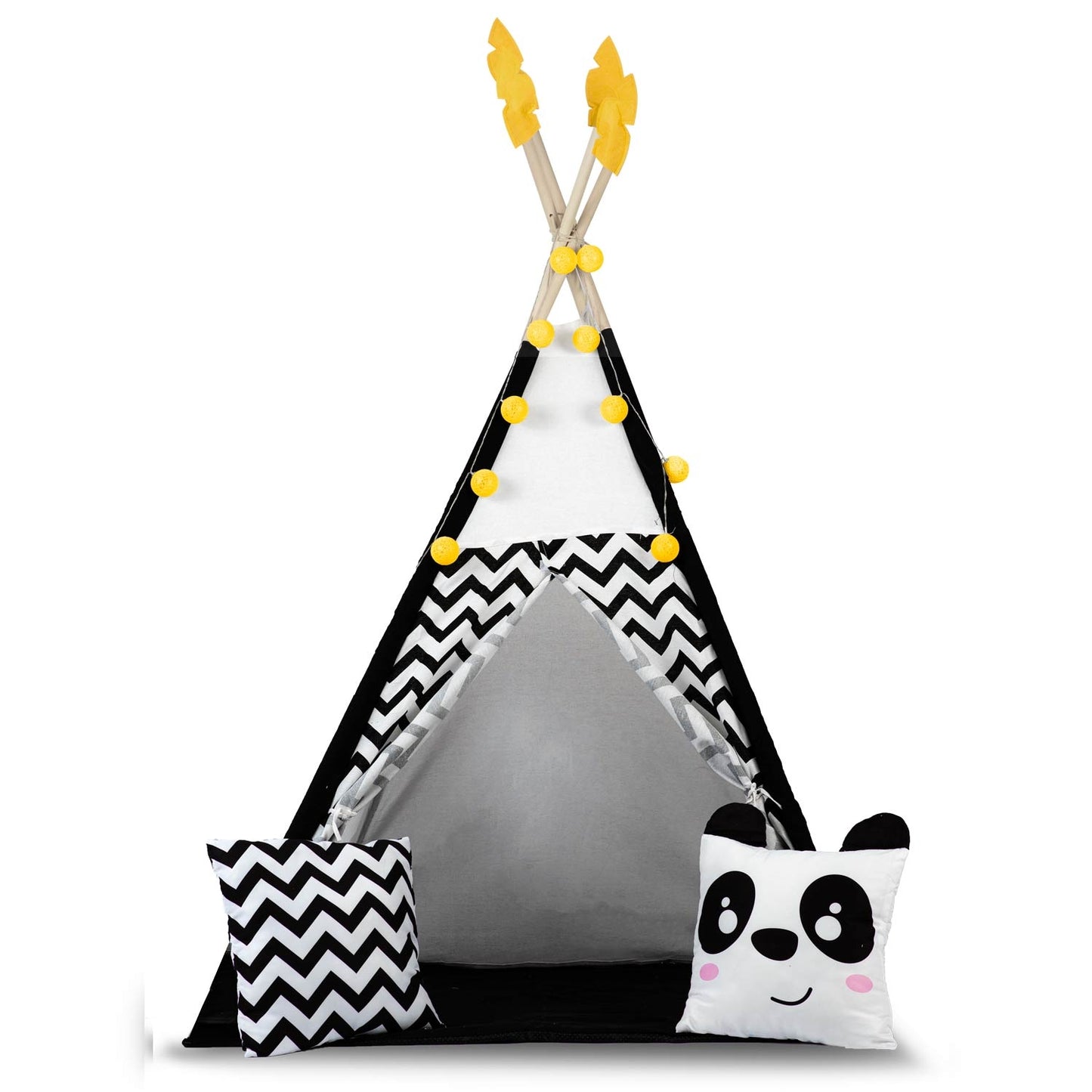 Teepee tent for children with garland and lights Nukido, black and white with a panda