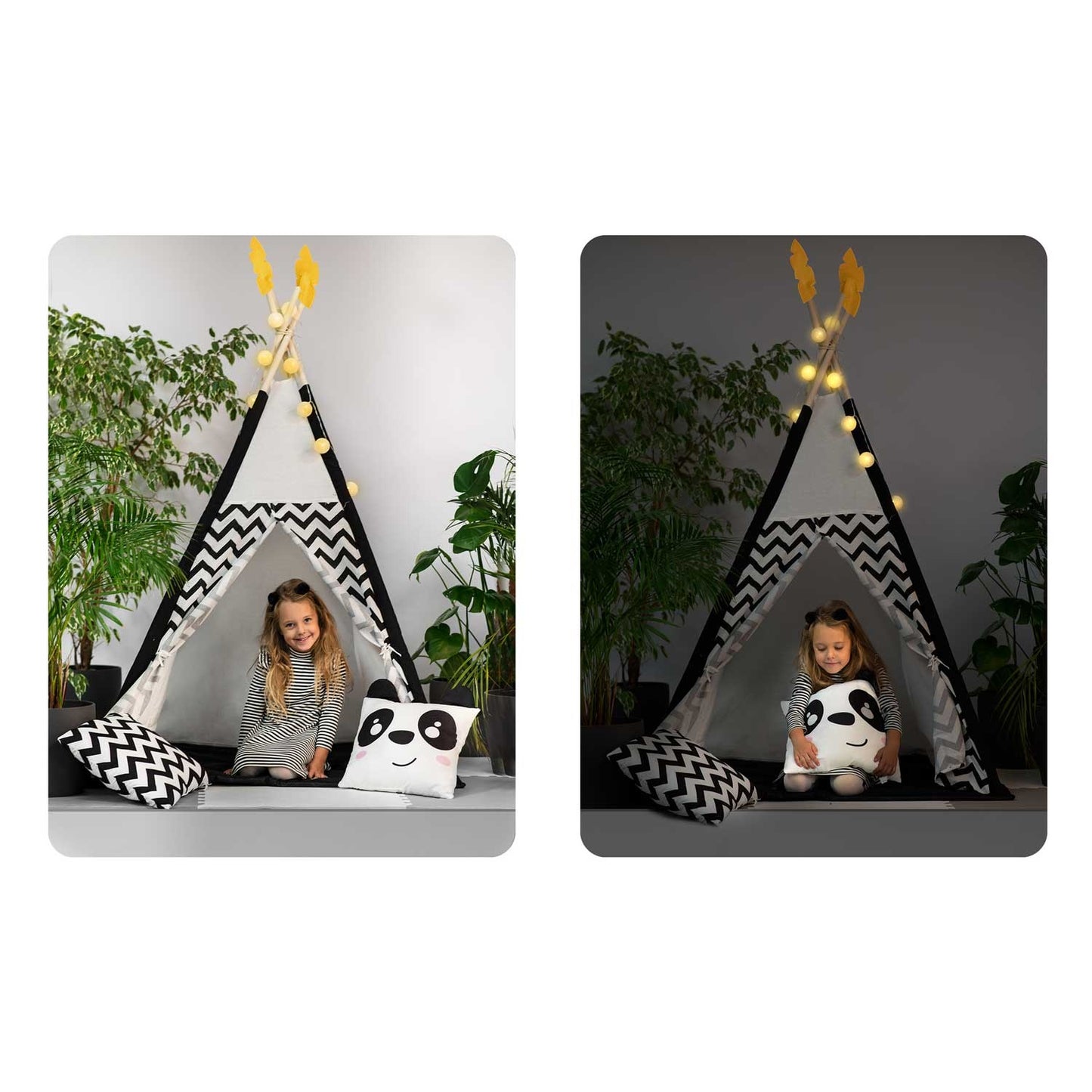 Teepee tent for children with garland and lights Nukido, black and white with a panda
