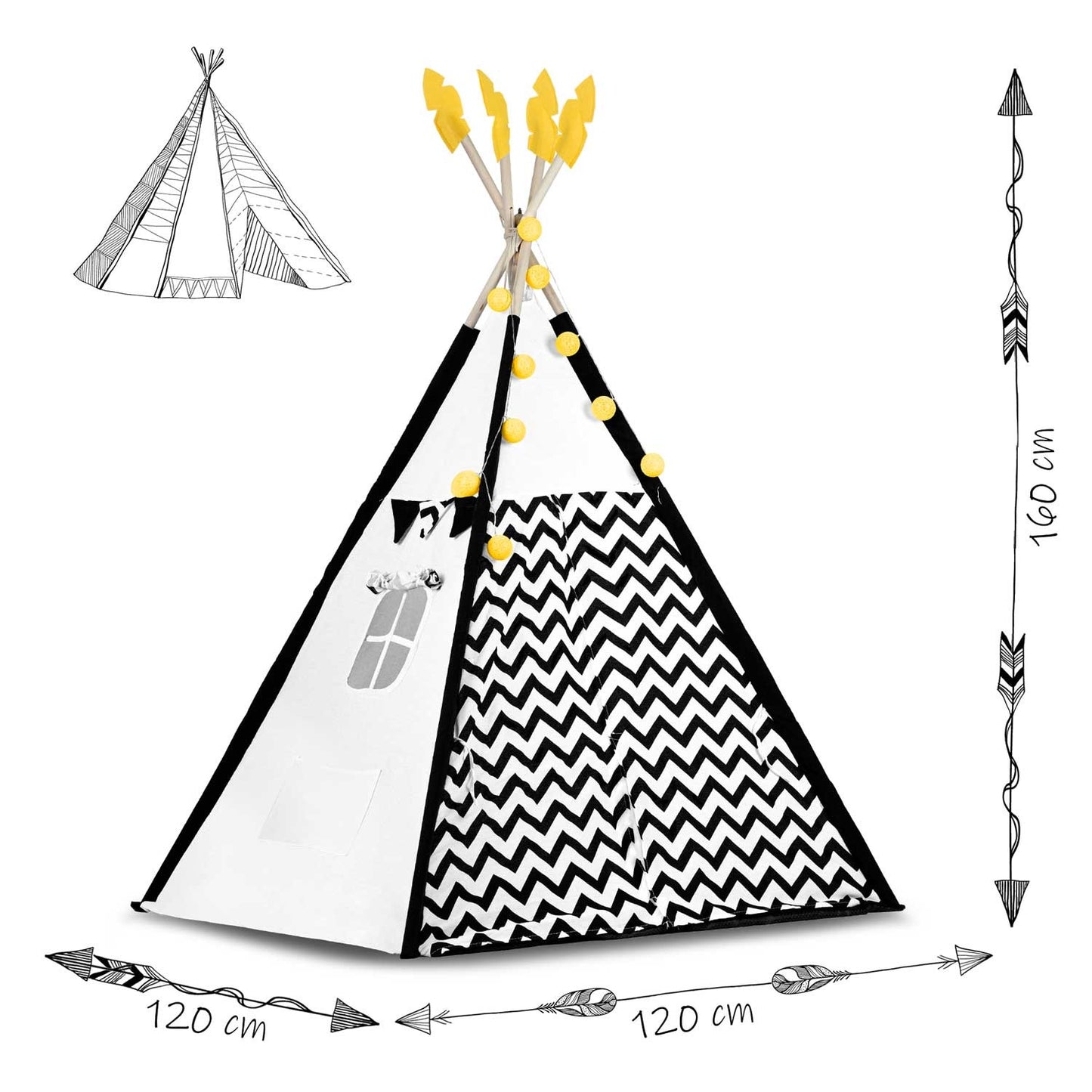 Teepee tent for children with garland and lights Nukido, black and white with a panda