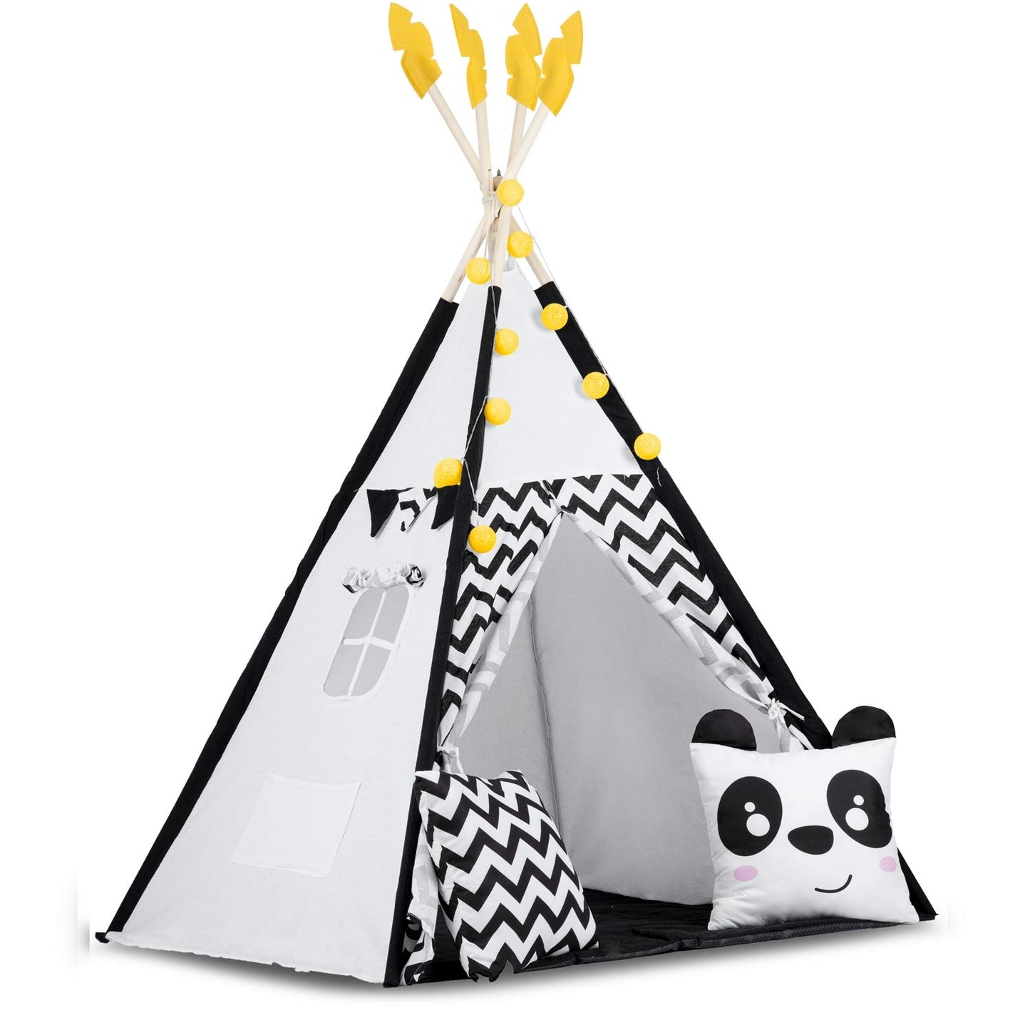 Teepee tent for children with garland and lights Nukido, black and white with a panda