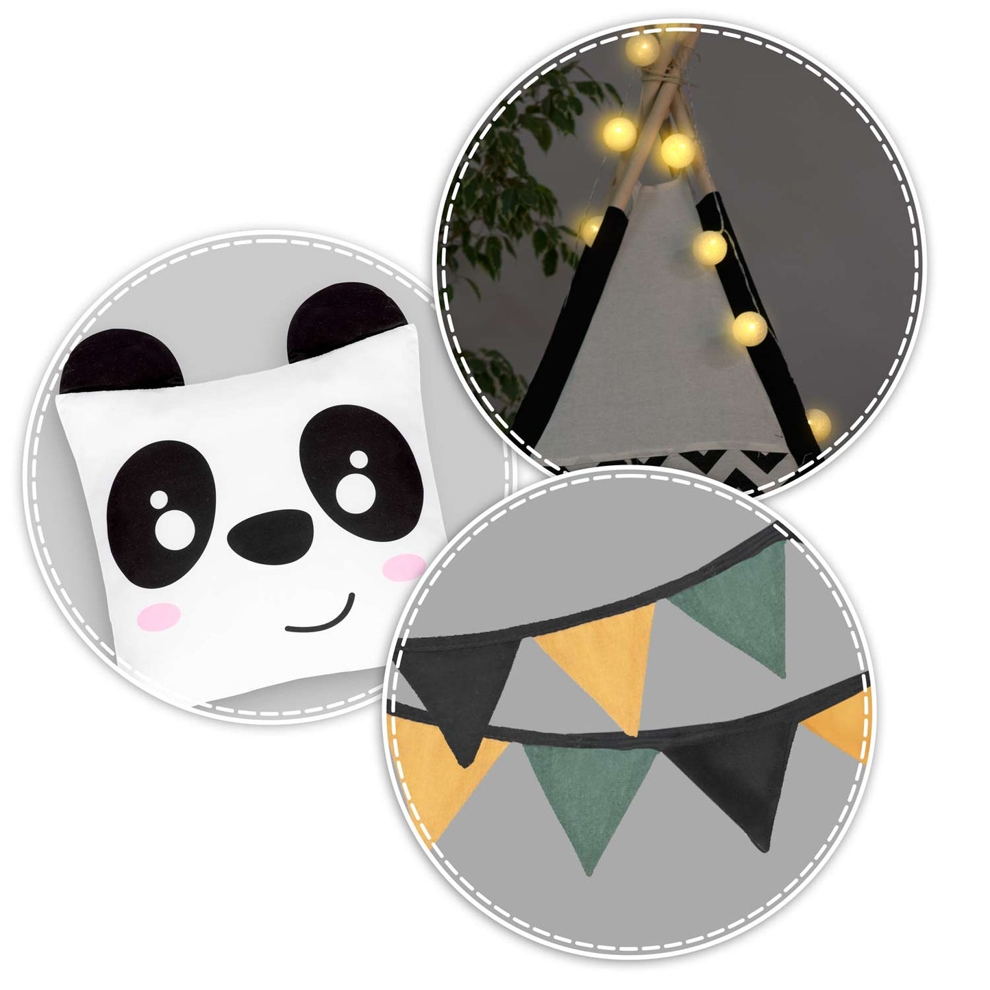 Teepee tent for children with garland and lights Nukido, black and white with a panda