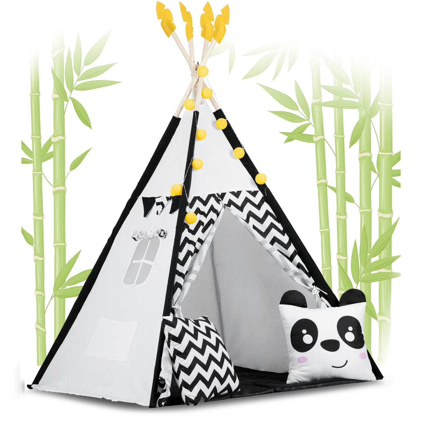 Teepee tent for children with garland and lights Nukido, black and white with a panda