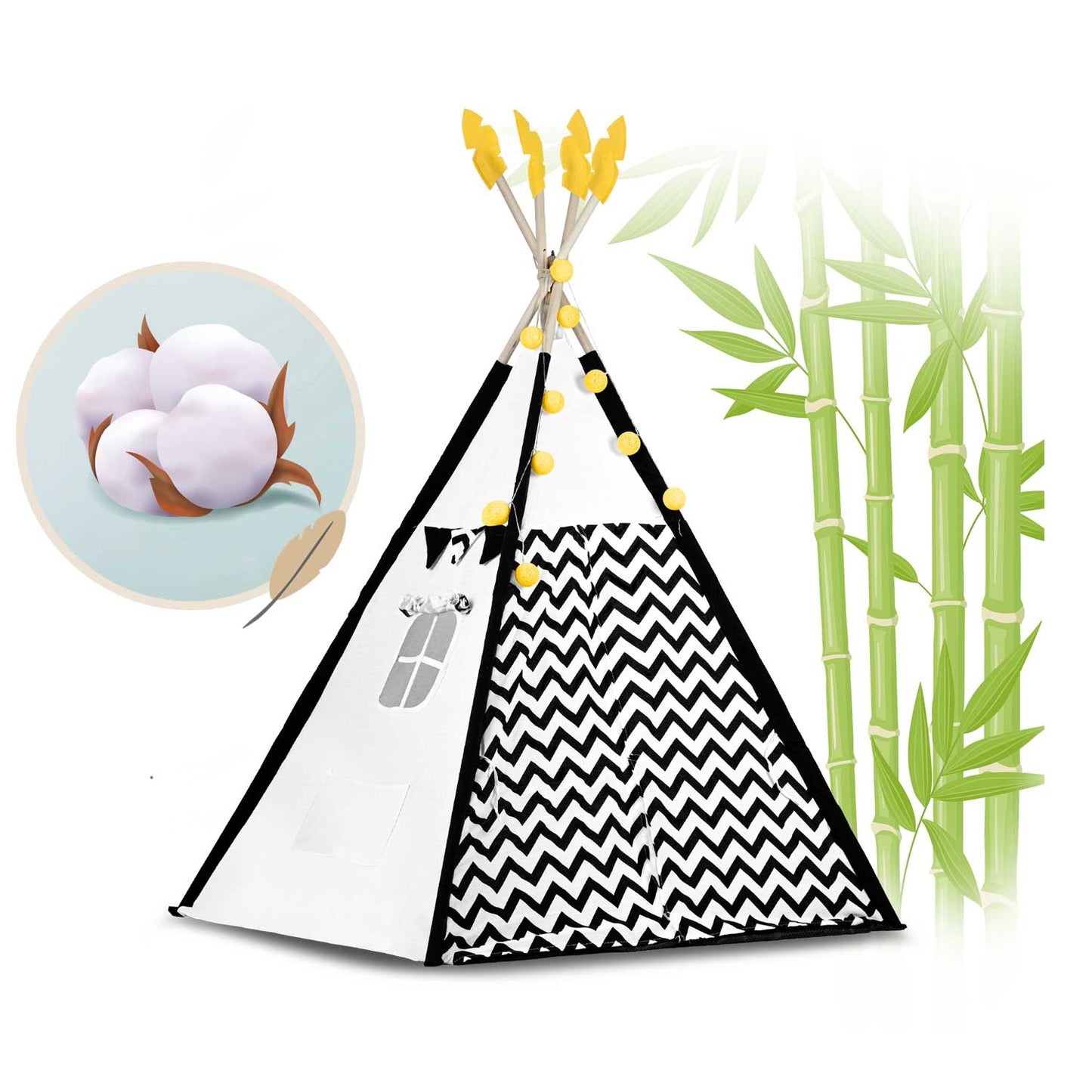 Teepee tent for children with garland and lights Nukido, black and white with a panda