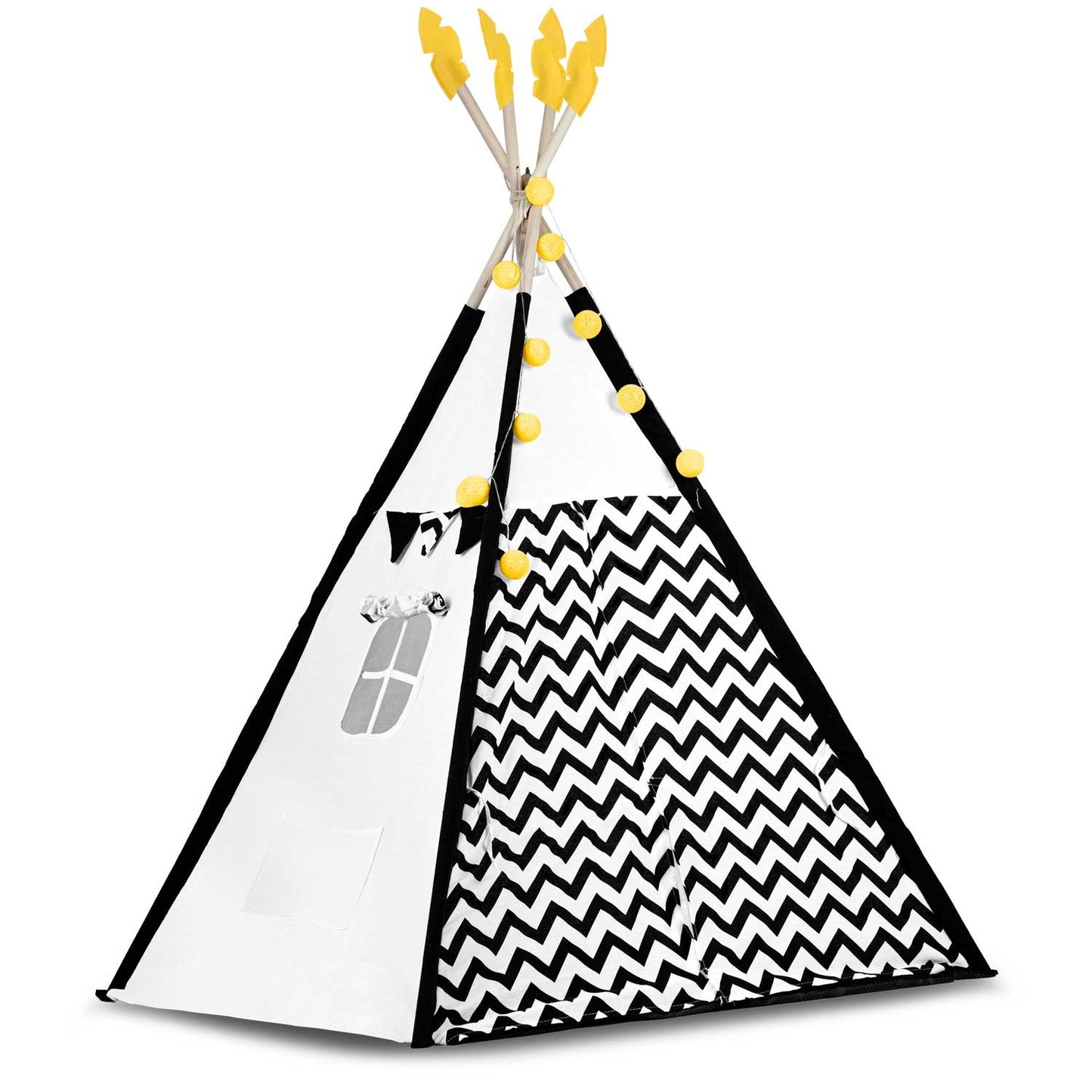 Teepee tent for children with garland and lights Nukido, black and white with a panda