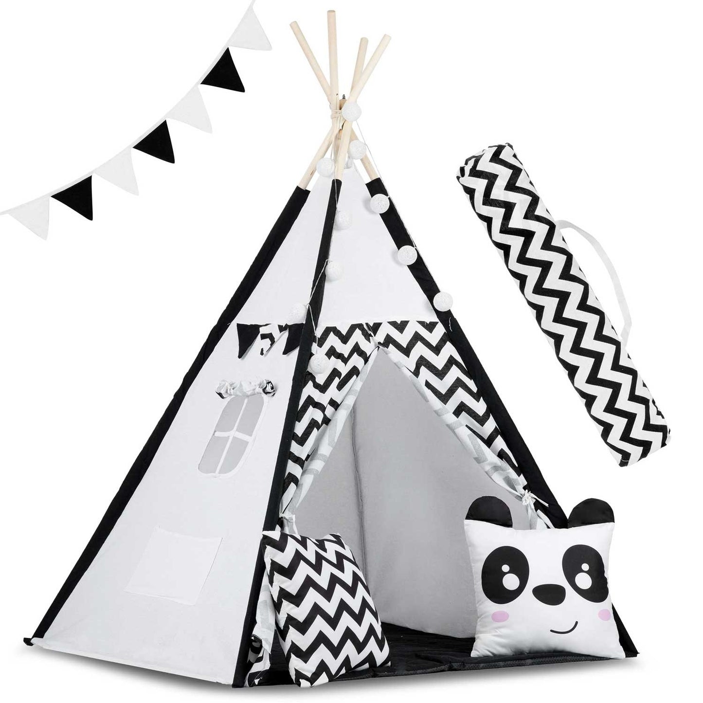 Teepee tent for children with garland and lights - black and white with panda