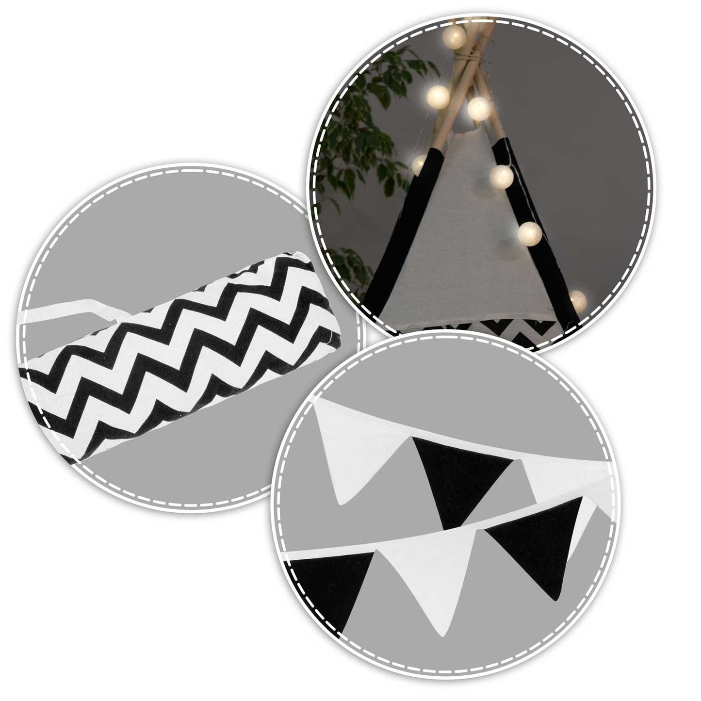 Teepee tent for children with garland and lights - black and white with panda