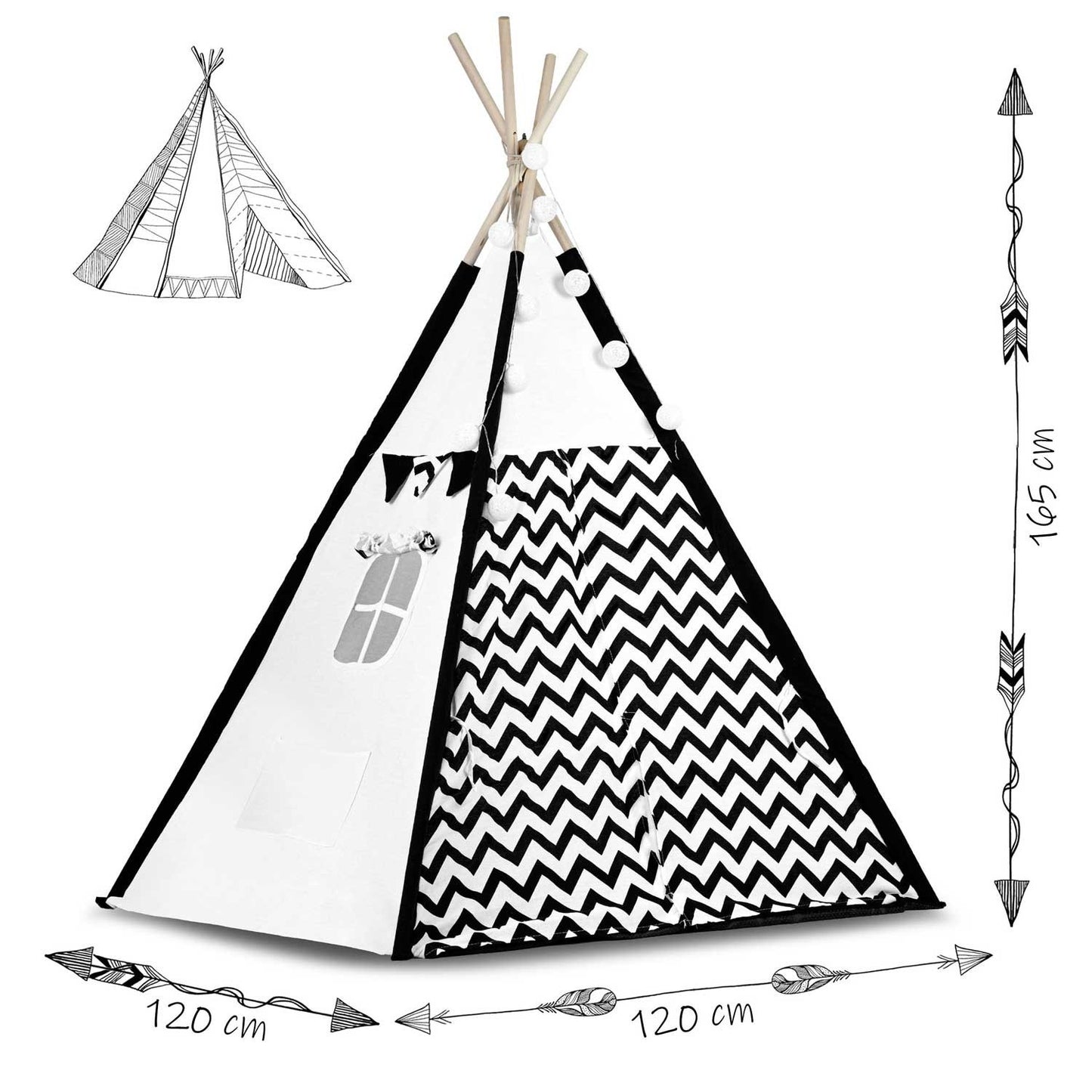 Teepee tent for children with garland and lights - black and white with panda