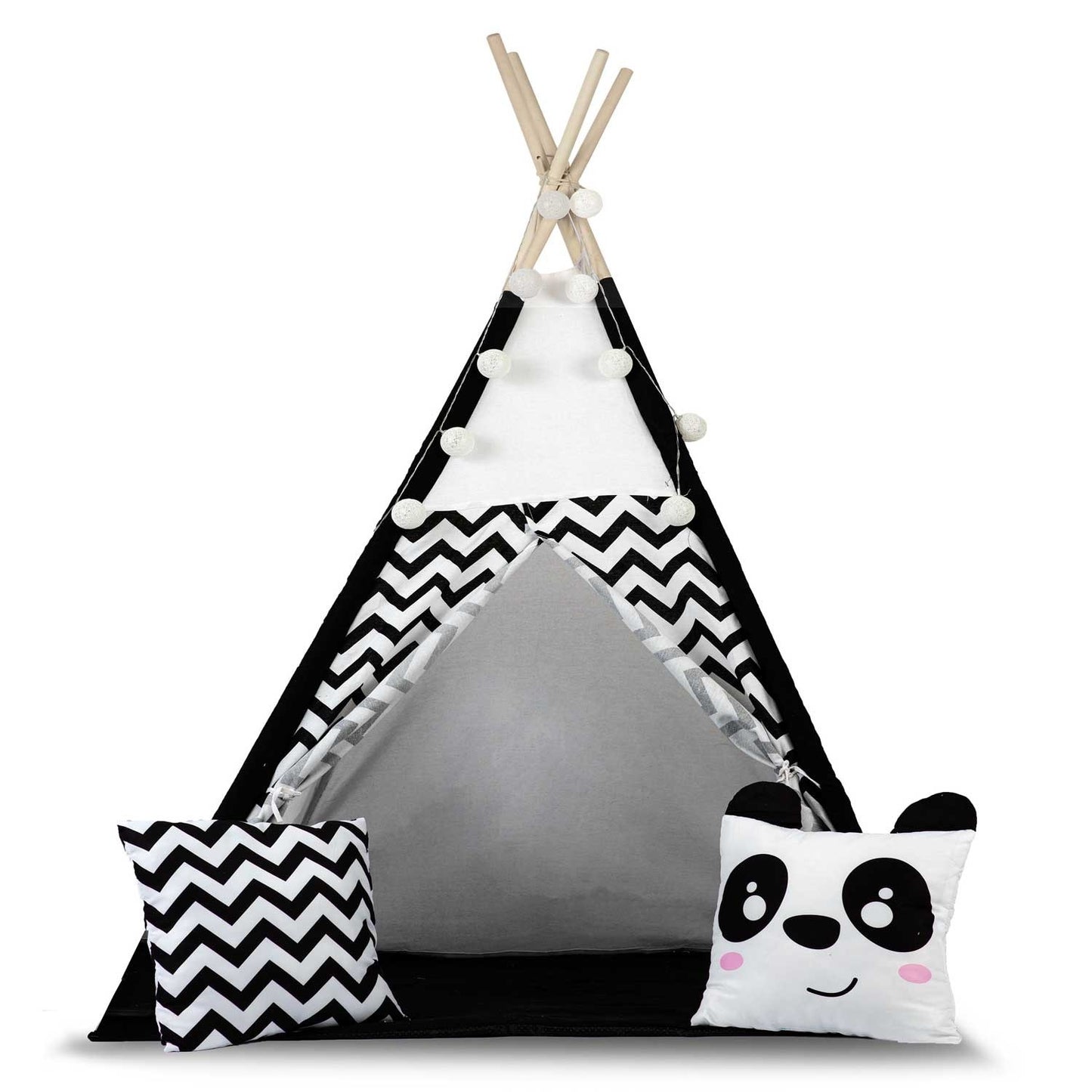 Teepee tent for children with garland and lights - black and white with panda