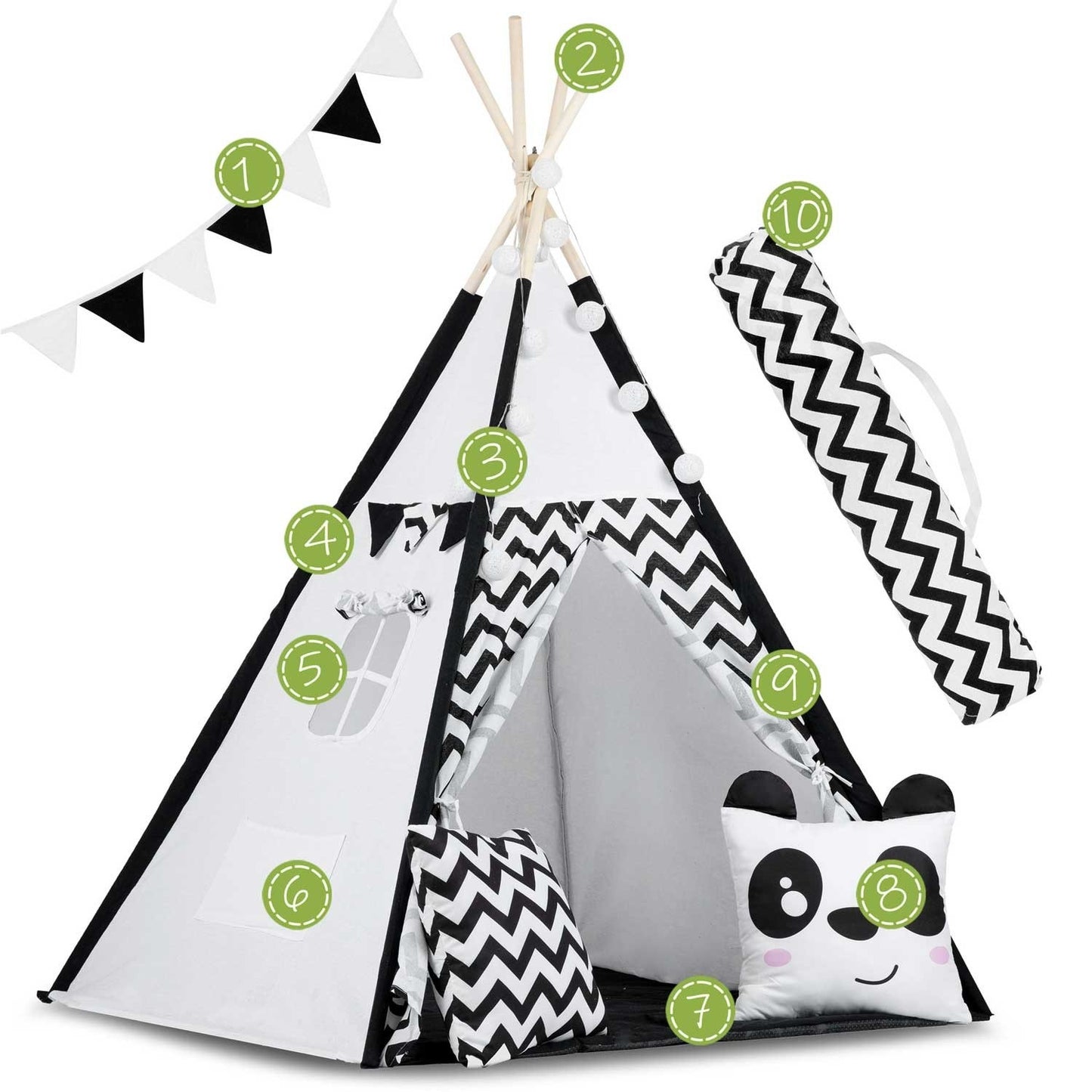 Teepee tent for children with garland and lights - black and white with panda