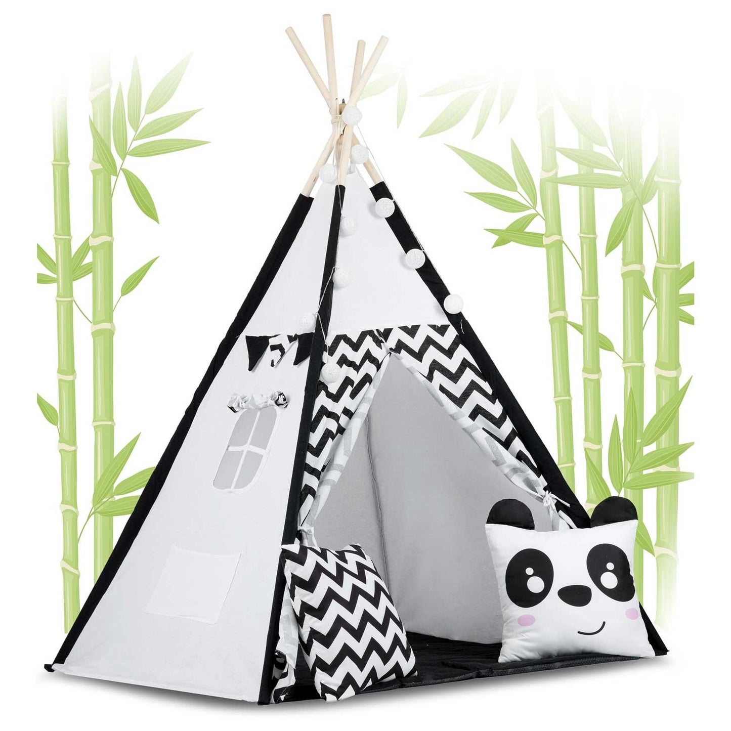 Teepee tent for children with garland and lights - black and white with panda