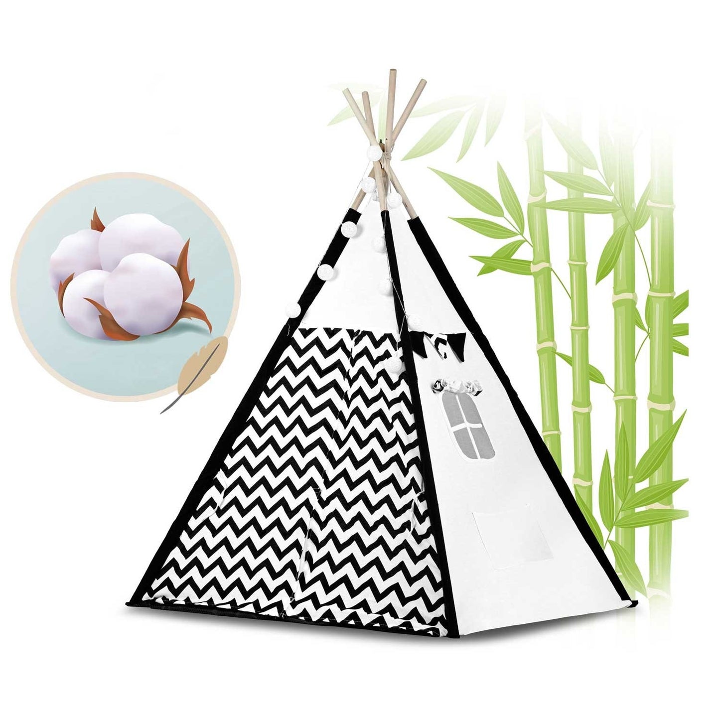 Teepee tent for children with garland and lights - black and white with panda