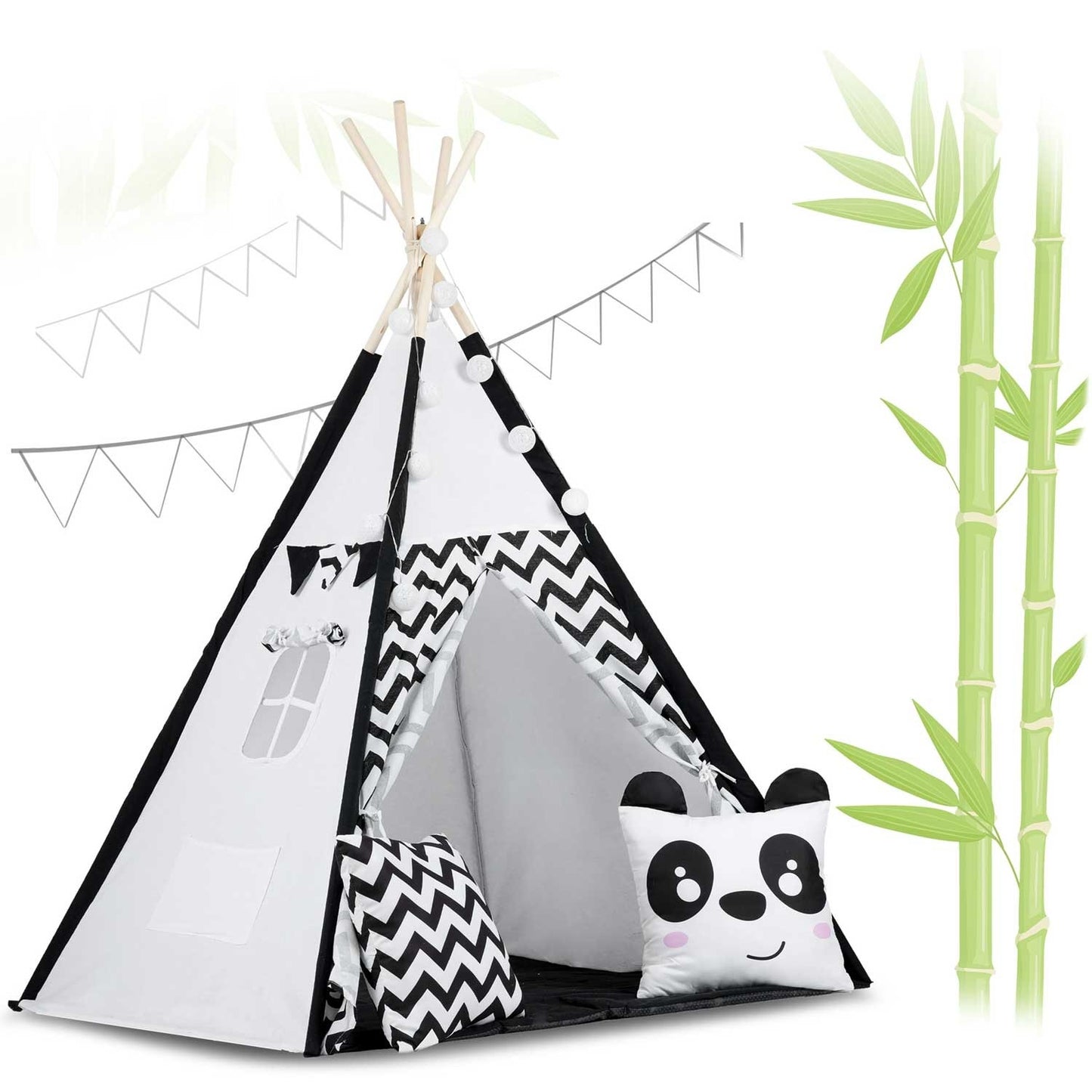 Teepee tent for children with garland and lights - black and white with panda
