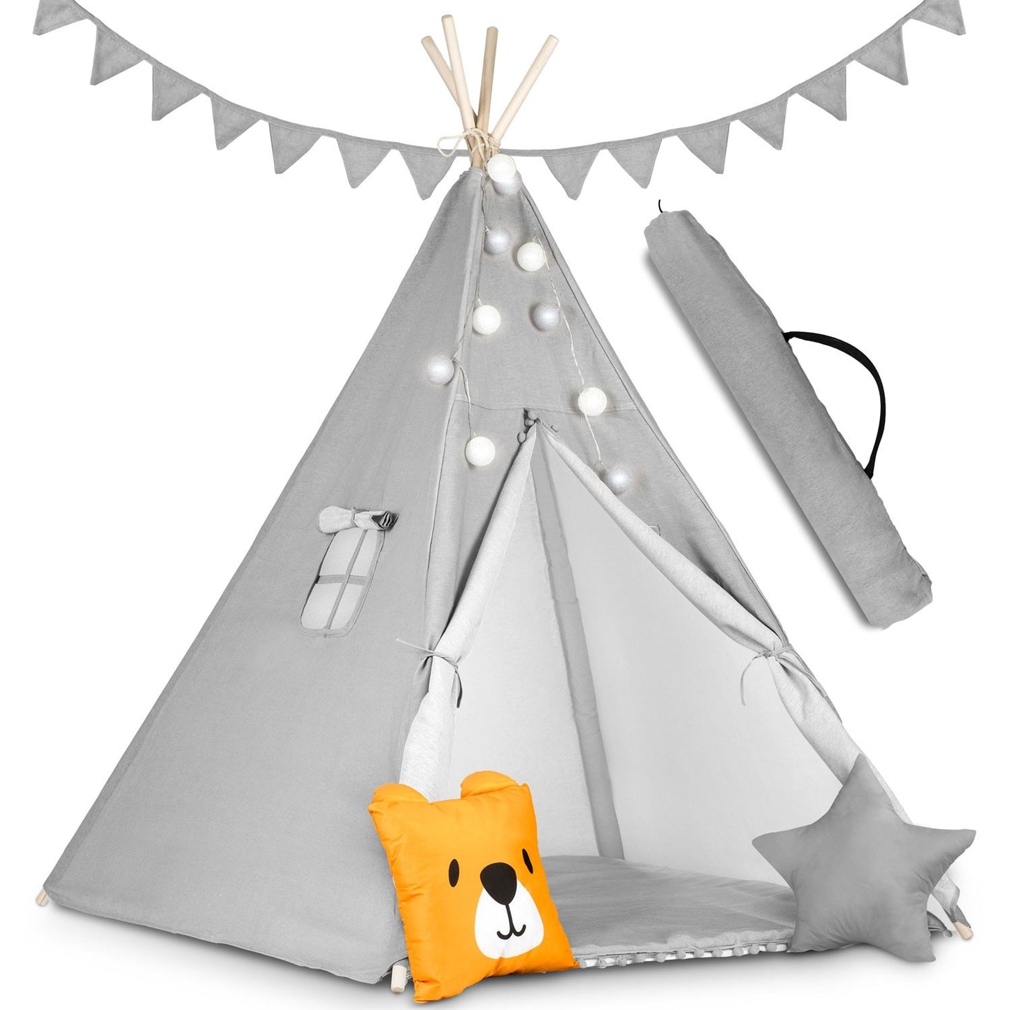 Teepee tent for children with garland and lights - gray