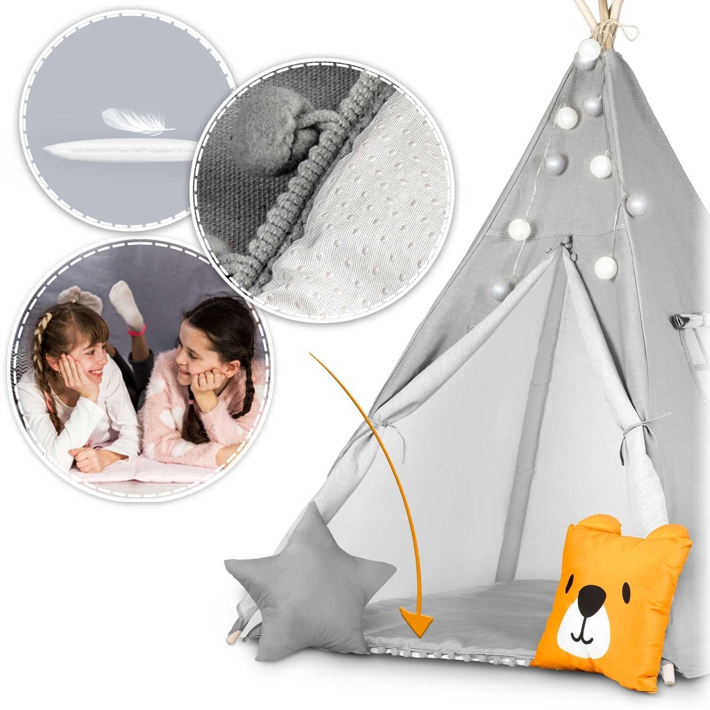 Teepee tent for children with garland and lights - gray