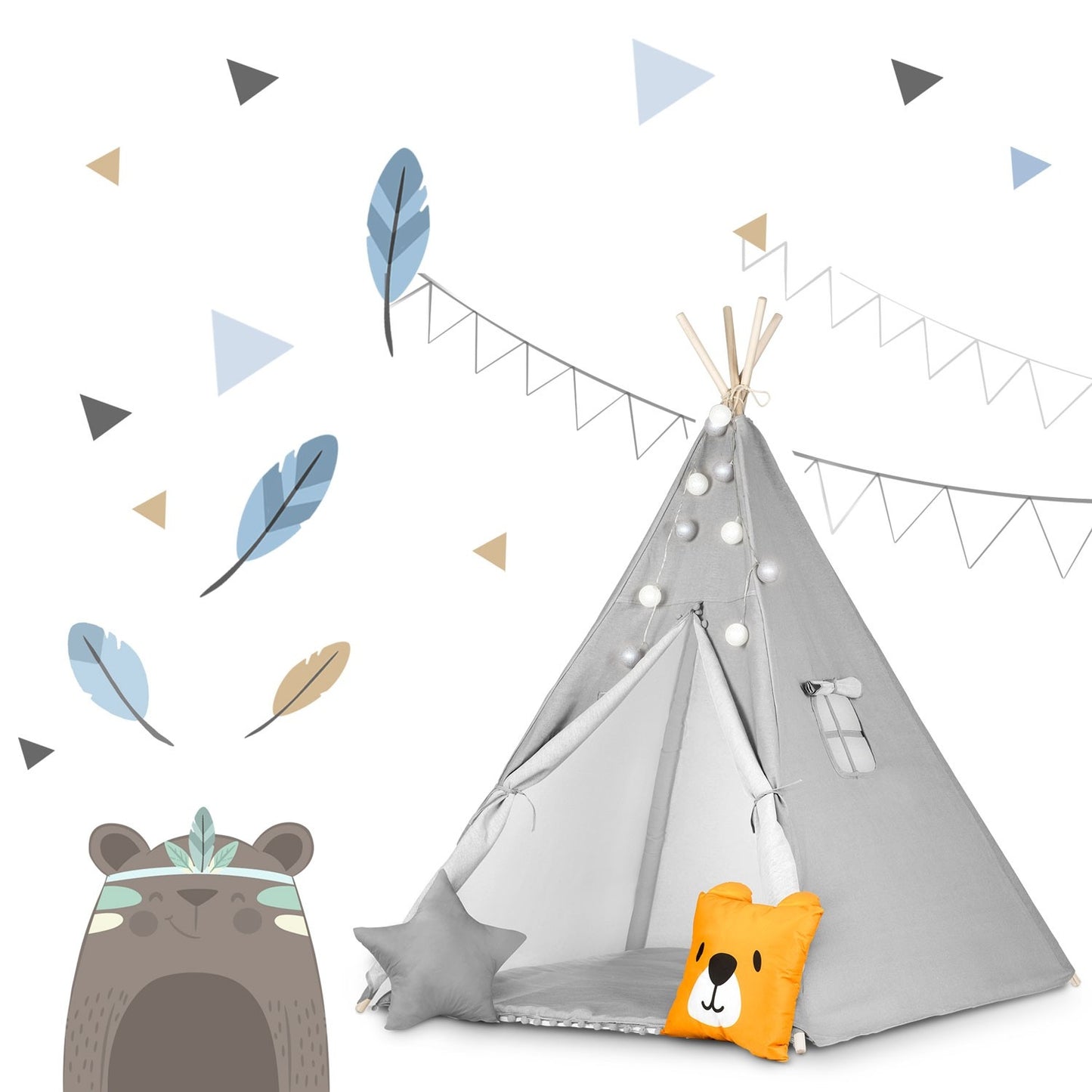 Teepee tent for children with garland and lights - gray