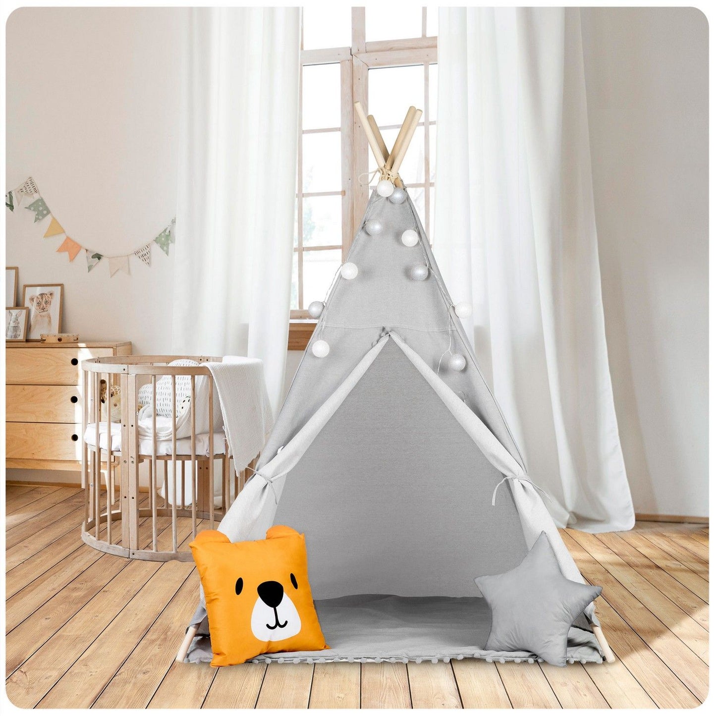 Teepee tent for children with garland and lights - gray