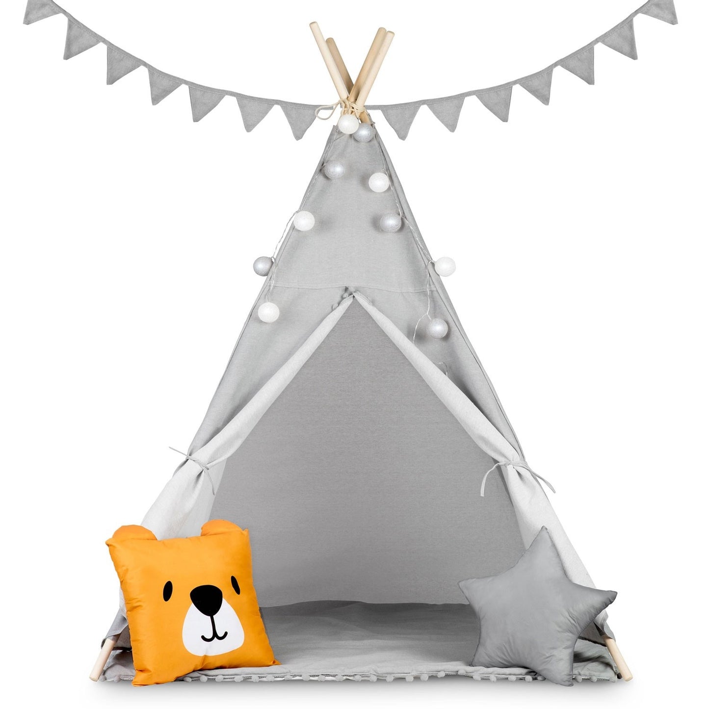 Teepee tent for children with garland and lights - gray