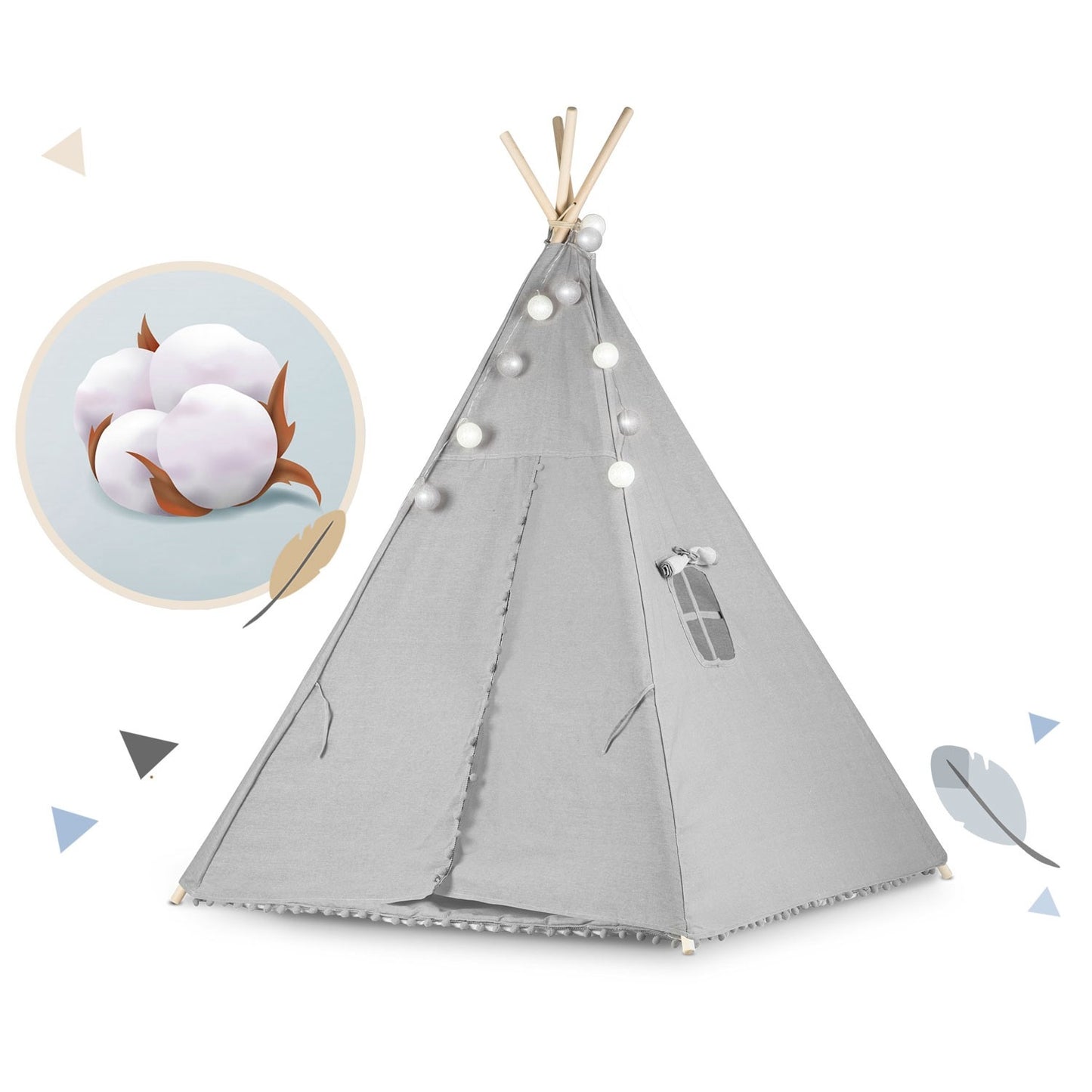 Teepee tent for children with garland and lights - gray