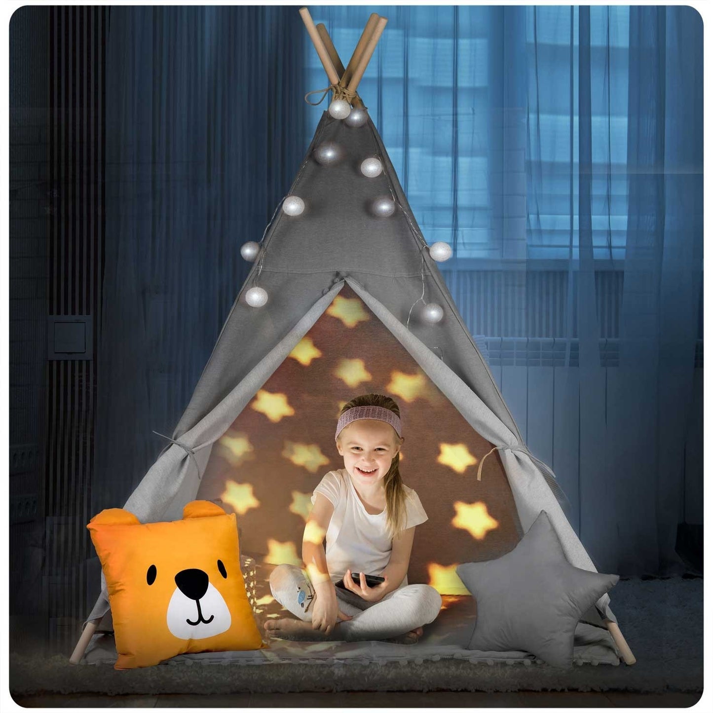 Teepee tent for children with garland and lights - gray