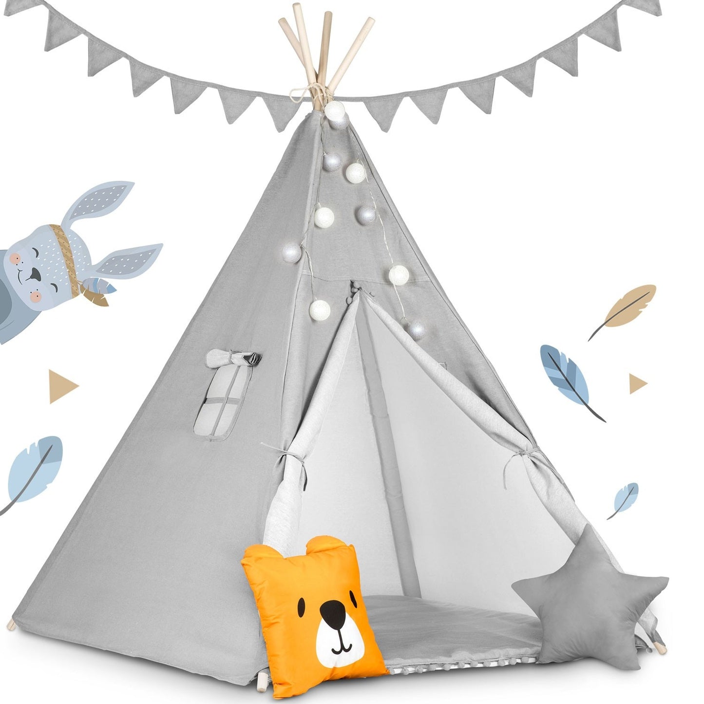 Teepee tent for children with garland and lights - gray