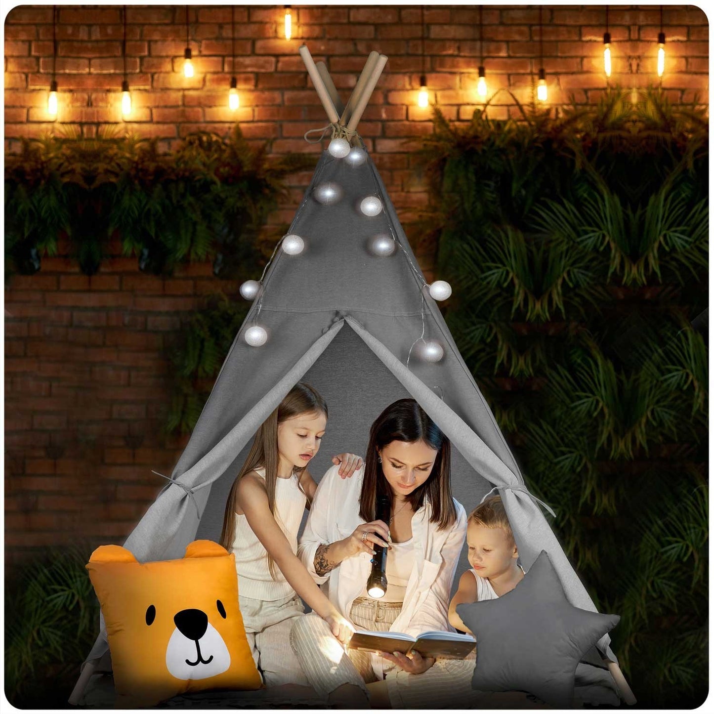 Teepee tent for children with garland and lights - gray