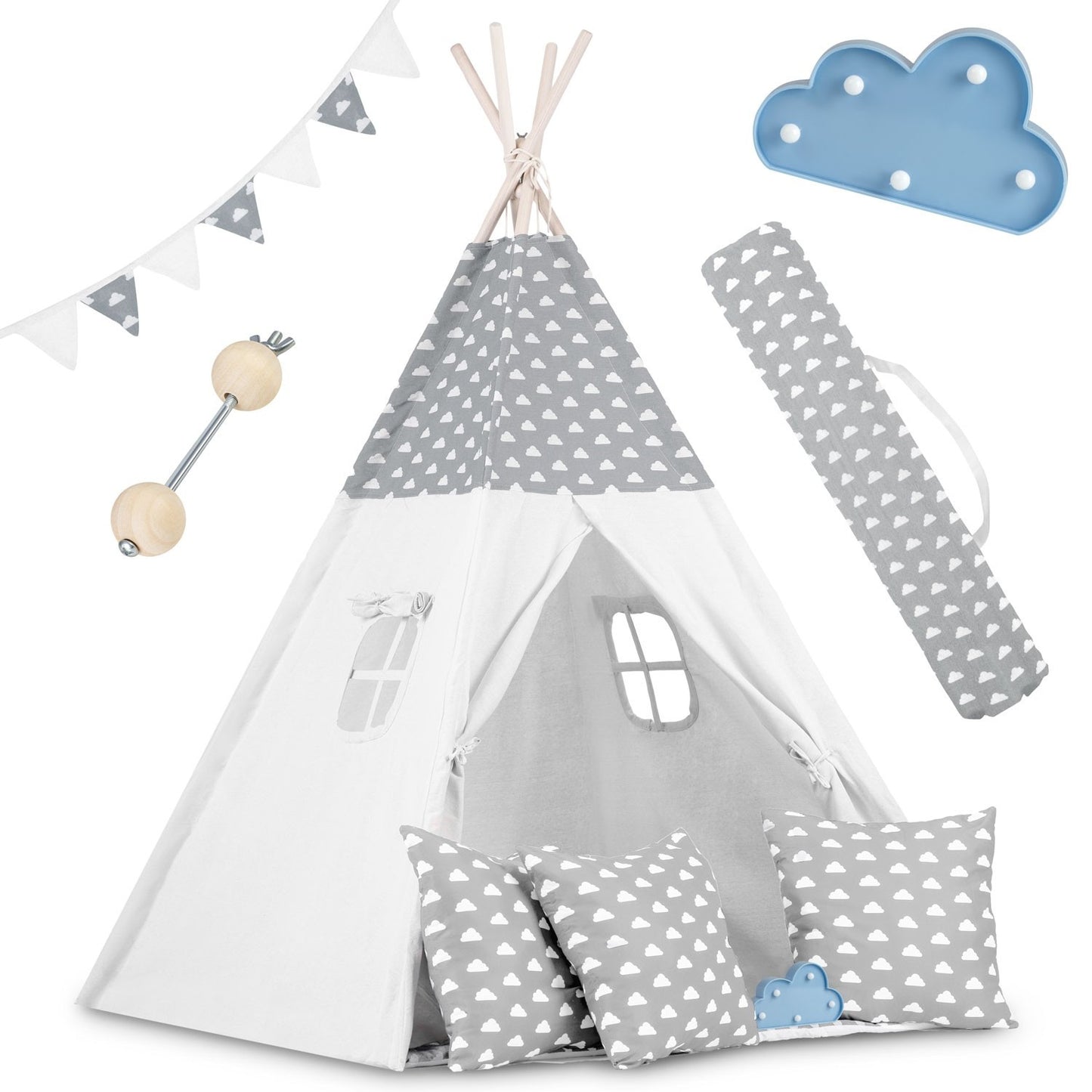 Teepee tent for children with garland and lights - light gray with clouds